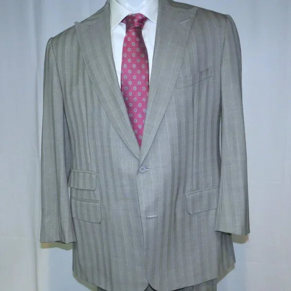 Alan Flusser Gray Stripe Bespoke Peak Lapel Two Button Suit 42R